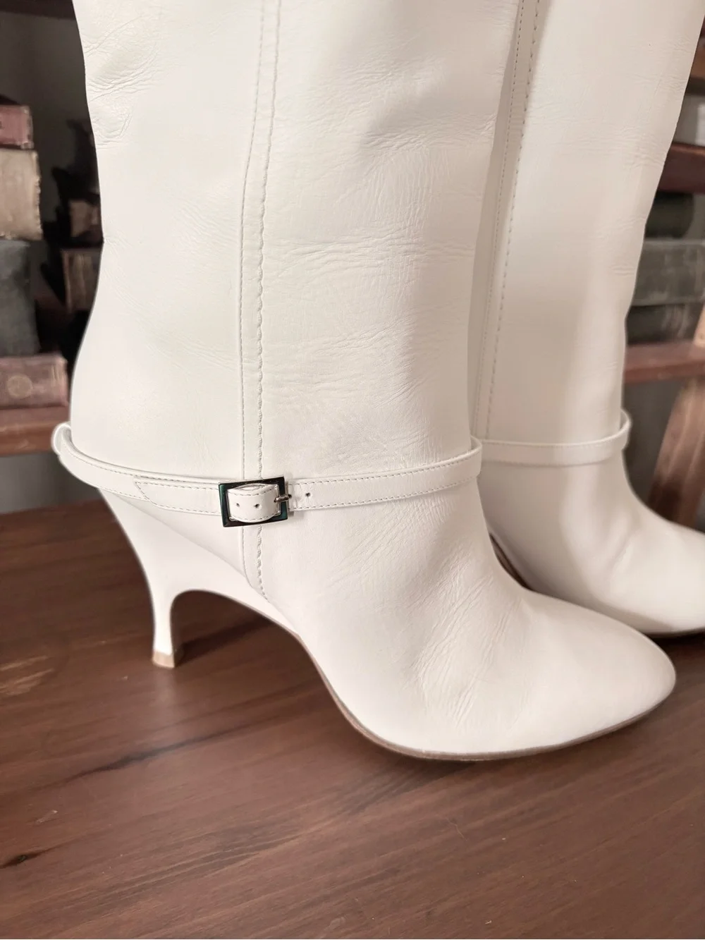 White Over-the-Knee Leather Boots with Low Heel